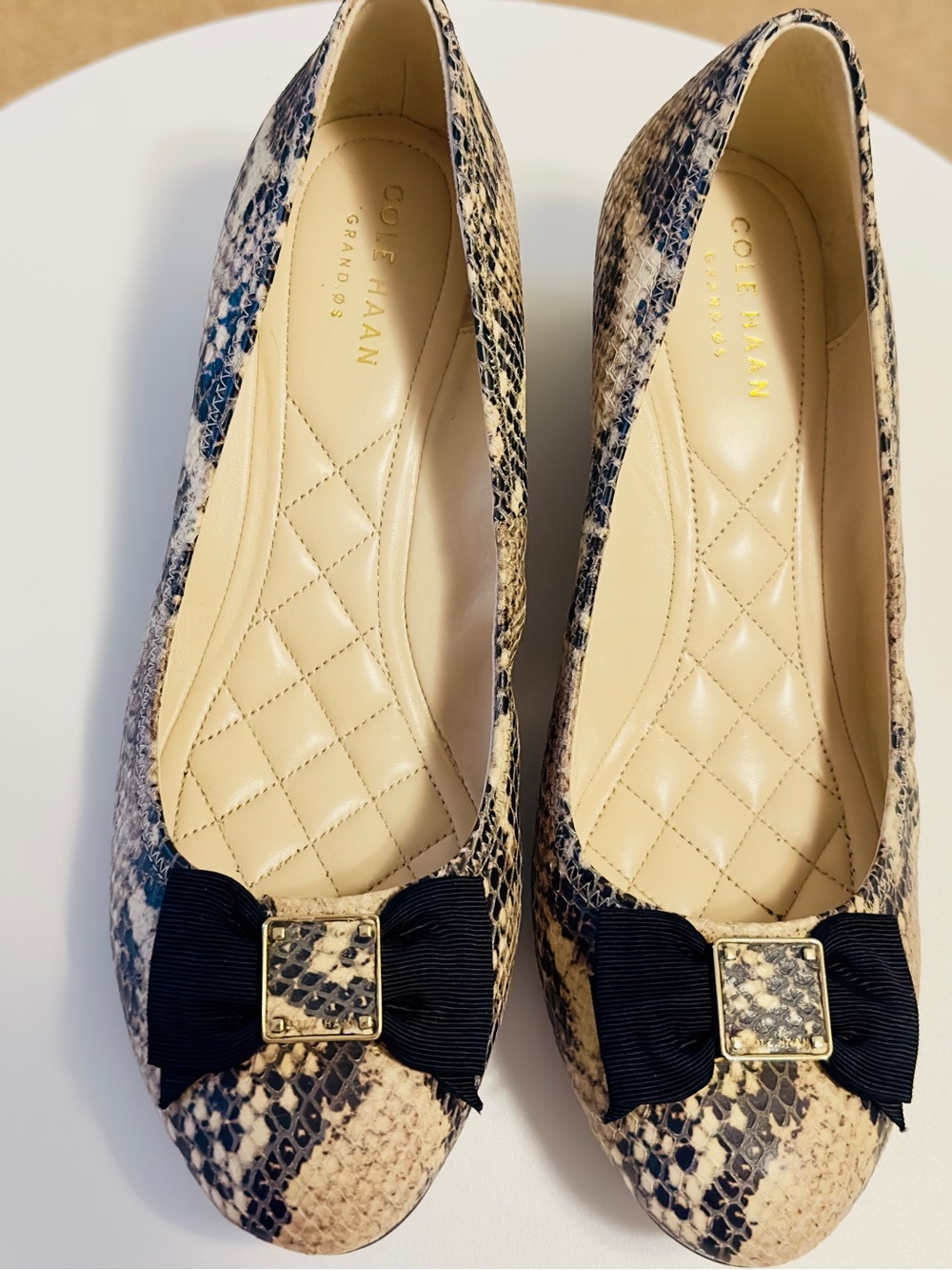 Cole Haan Snakeskin-Print Ballet Flats with Black Bow Size 8